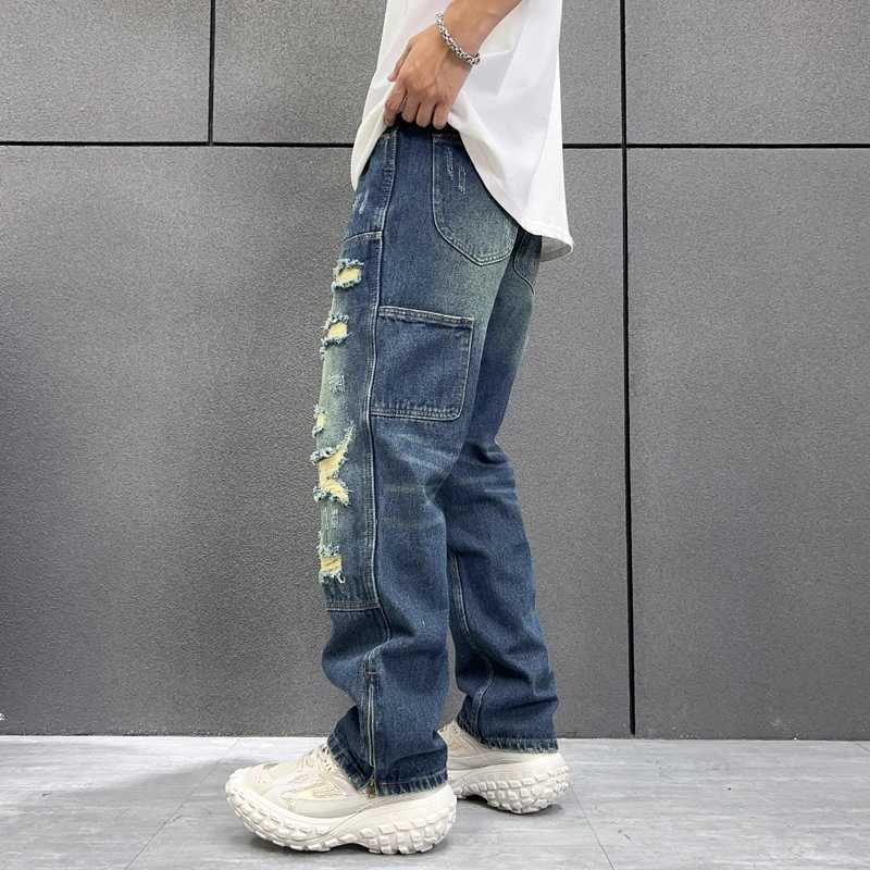 Washed distressed fashionable and trendy jeans American style trendy mens high street loose fitting straight leg mens jeans X250227