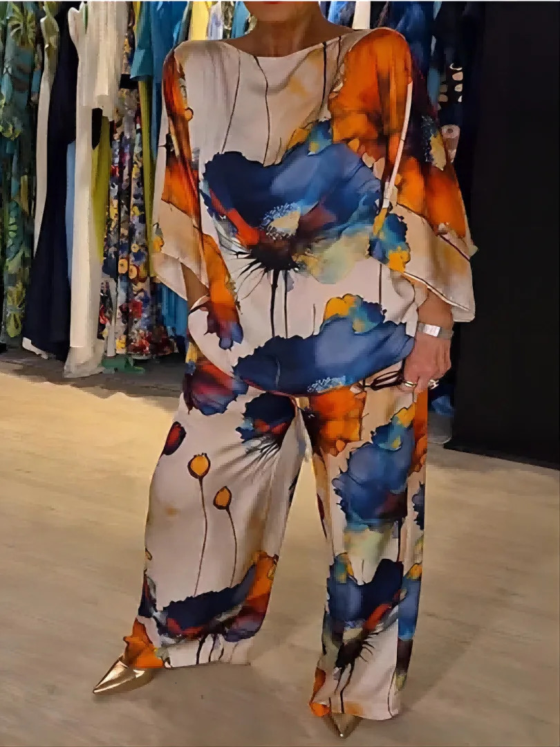 Conjuntos Para Mujeres 2 Piezas Women Printed Satin Two-piece Set 34 Sleeve Round Neck Pants Summer Fashionpant Sets 250320