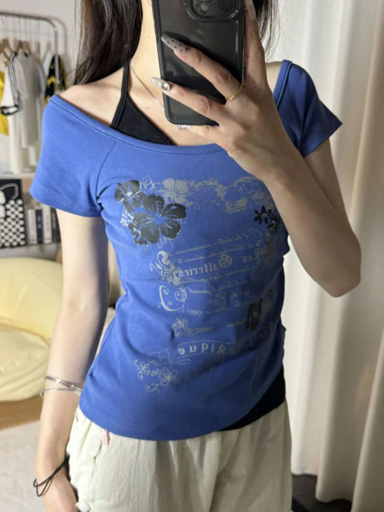 Vintage Two Piece Halter Lace Up Tshirts Y2k Slim Fit Print Tops Women Off Shoulder Short Sleeve Tee Shirt 250226