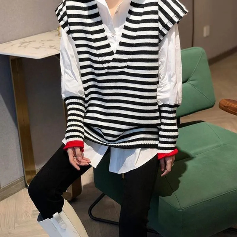 Female Casual Striped Patchwork Blouse Fashion V-Neck Knitted Vest Two Piece Set Korean Loose Single-breasted Polo-Neck Shirt 250226