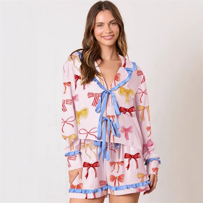 Women Tracksuits Two Pieces Set 2025 New Pleated Long Sleeved Thin Printed Valentines Day Series Pajamas Casual Set 5 Colors
