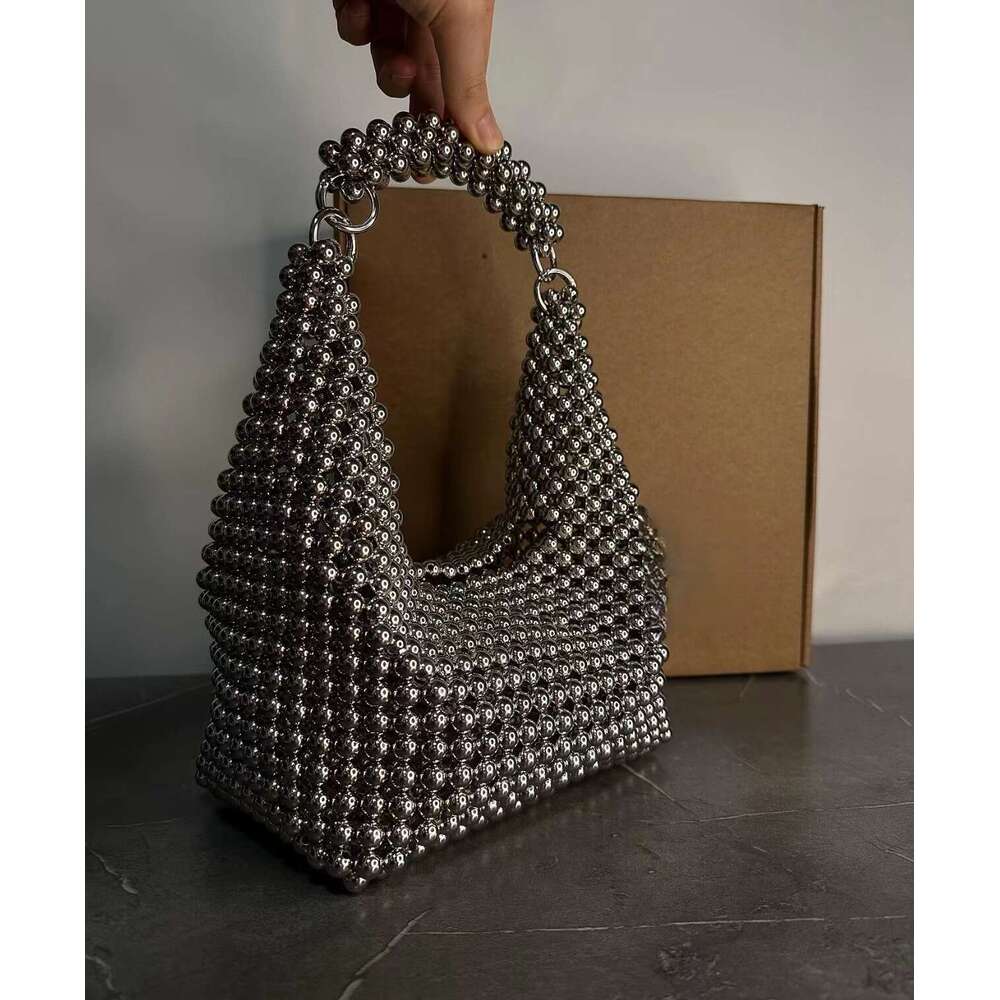 Women's Bags A niche design French heavy industry silver minimalist high-end handbag with beaded woven dinner bag