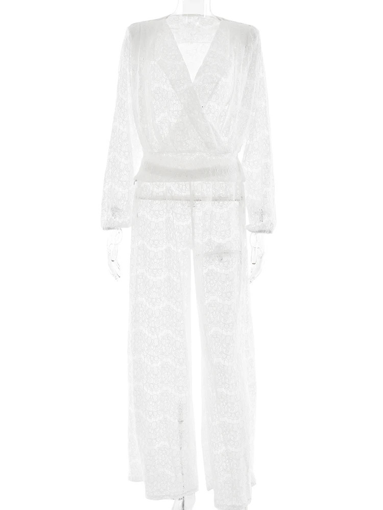 Sibybo Streetwear Lace Pants Set Female Sexy Deep V-neck Loose Top High Waist Wide Leg Pants Two Piece Matching Set 250222