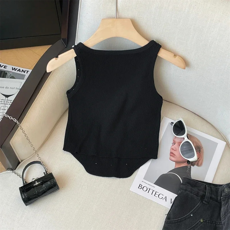 Rhinestone Knitted Tank Top White Crew Collar Sleeveless Summer Womens Wear Crop 250226