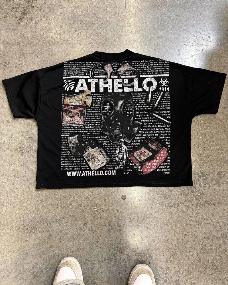 Y2K retro hiphop street clothing oversized pattern printing men shortsleeved casual cotton loose and women top 250226