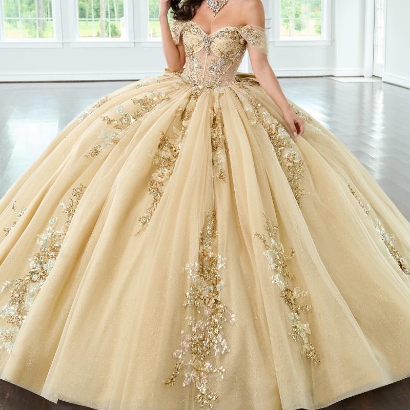 Champagne Shiny Quinceanera Dresses Ball Gown Off The Shoulder Sequin Applique Lace Beadis Bow Tull Party Birthday Sweet 16 Vestidos 15 Anos