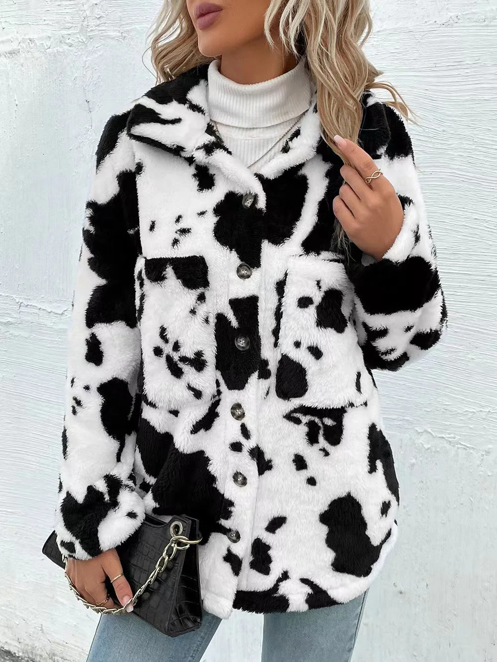 Womens Cow Print Doublesided Cashmere Coat Autumn Winter Loose Coats With Pockets Single Breasted Lapel Collar Plush Jacket 250227