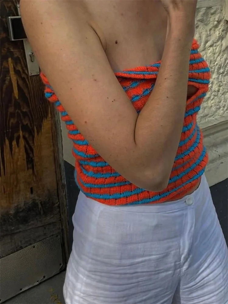 Tossy Off Shoulder Knit Tube Top Sexy Strapless Backless Bustier Tops For Women Stripe Cropped Top Summer Streetwear 250226