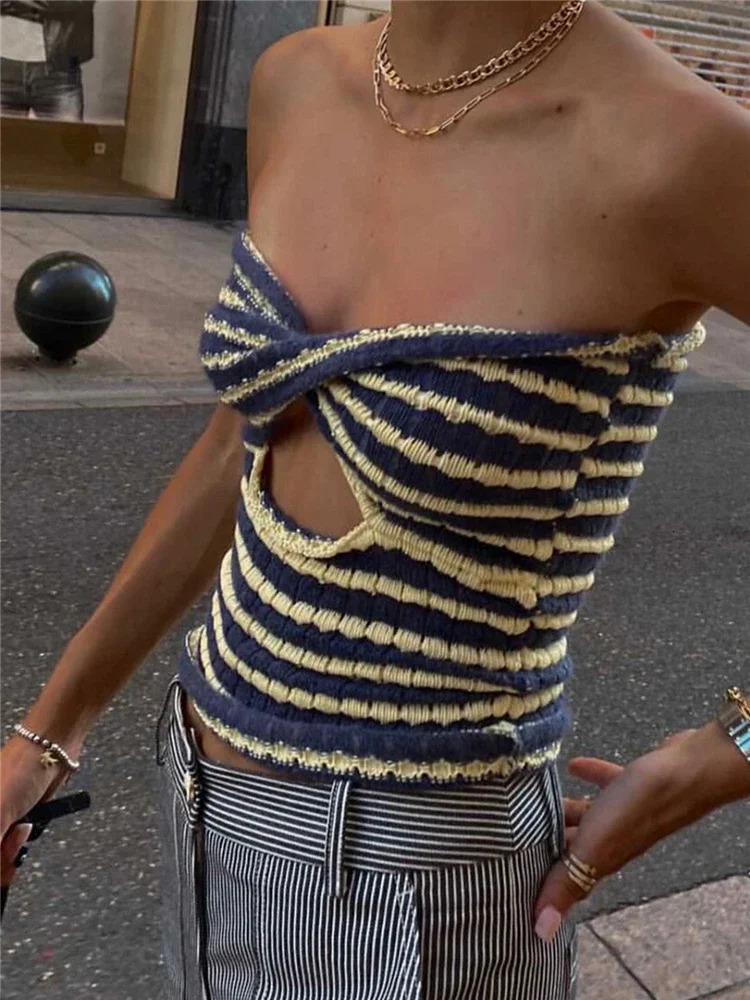 Tossy Off Shoulder Knit Tube Top Sexy Strapless Backless Bustier Tops For Women Stripe Cropped Top Summer Streetwear 250226