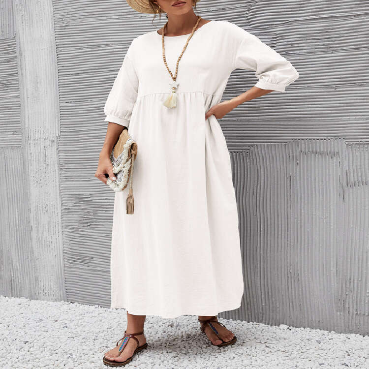 Women's European American Solid Color Lantern Sleeve Loose Cotton and Hemp Pocket Dress 2025 New Casual Fashion Trendy Clothing