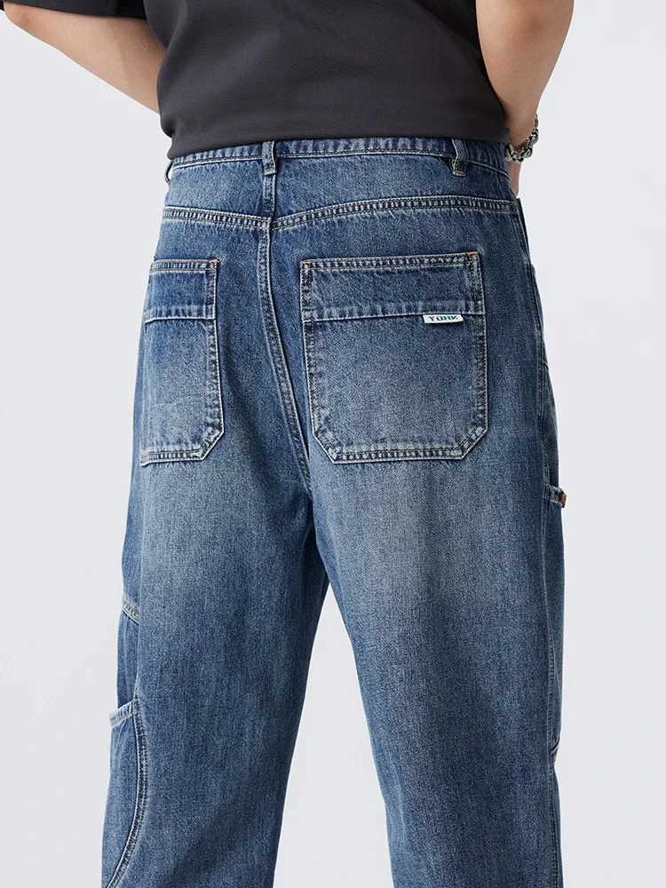 Retro patchwork jeans Korean mens clothing stretchy straight legs casual denim loose and fashionable pants mens X250227
