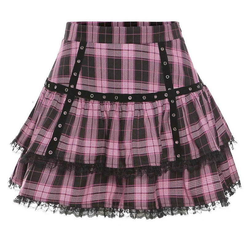 Gothic Japanese Harajuku s Purple Pink Plaid Pleated Skirt Punk Sweet Lace Kawaii Lolita Cake Mini Skirts Cosplay Costume 250224