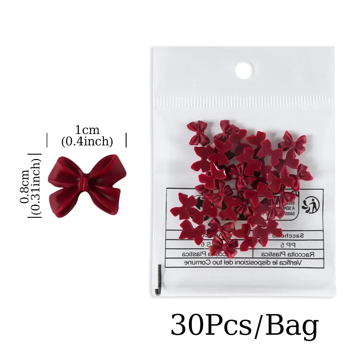 30 Cherry Red Bow Nails Charm Valentines Day Deep Tie Nail Accessories DIY Womens Salon n Decoration Supplies 250217