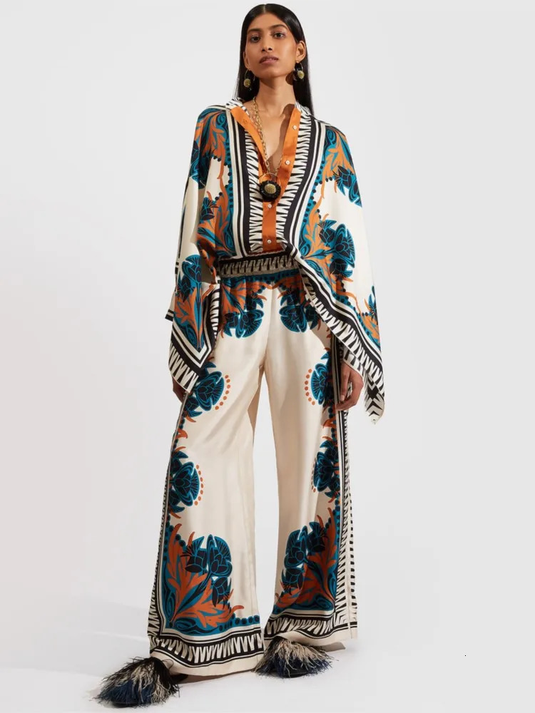 Vintage Print Pants Sets Women Irregular Loose Long Sleeve Shirt Wide Leg Trousers Two Piece Set Female Fashion Trend Streetwear 250226