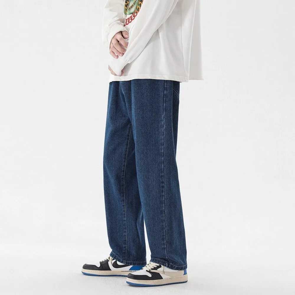 Korean Fashion Mens Casual Ankle-Length Jeans Classic Man Straight Denim Wide-leg Pants Solid Colors Light Blue Grey Black 3XL X250227