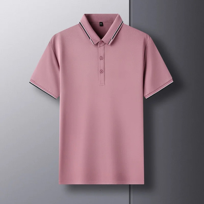 High end fashion striped mens short sleeve POLO shirt summer solid color silk ice feeling casual businessT-shirt 250225