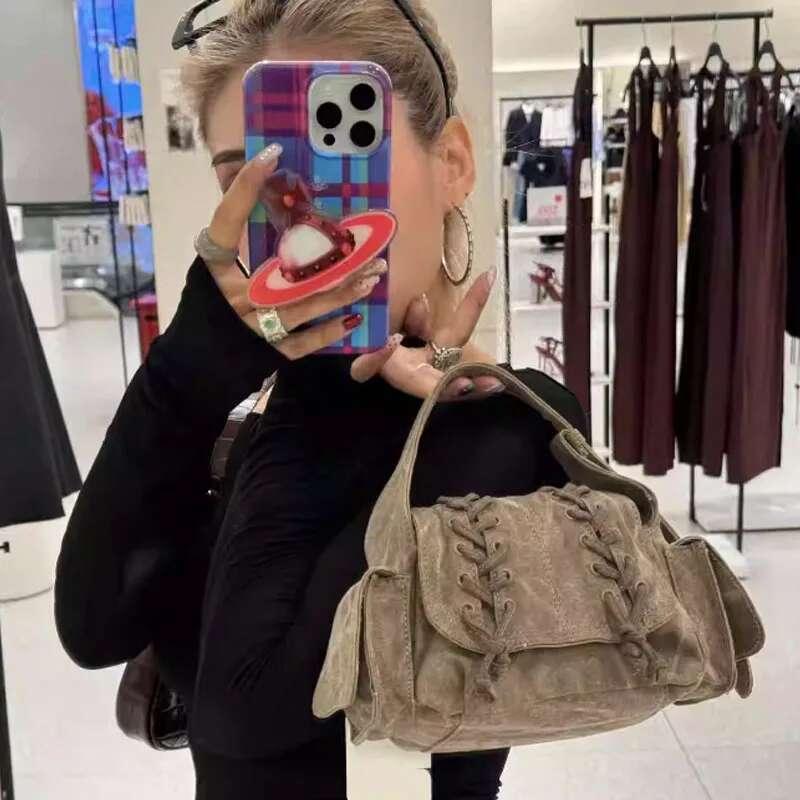 Retro Design Frosted Women Versatile Pleated Drawstring Small Square 2024 New High-Quality Handbag Shoulder Bag