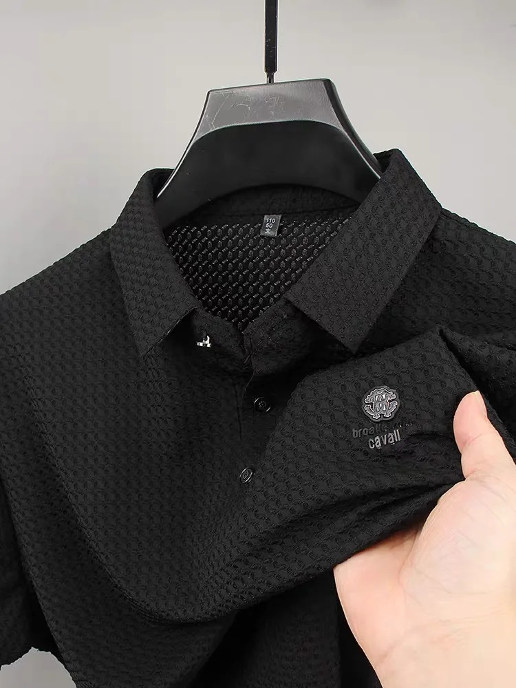 Mens Short sleeved Polo Shirt Summer Style Waffle Fashion High end Ice Top Silk Casual T-shirt 250225
