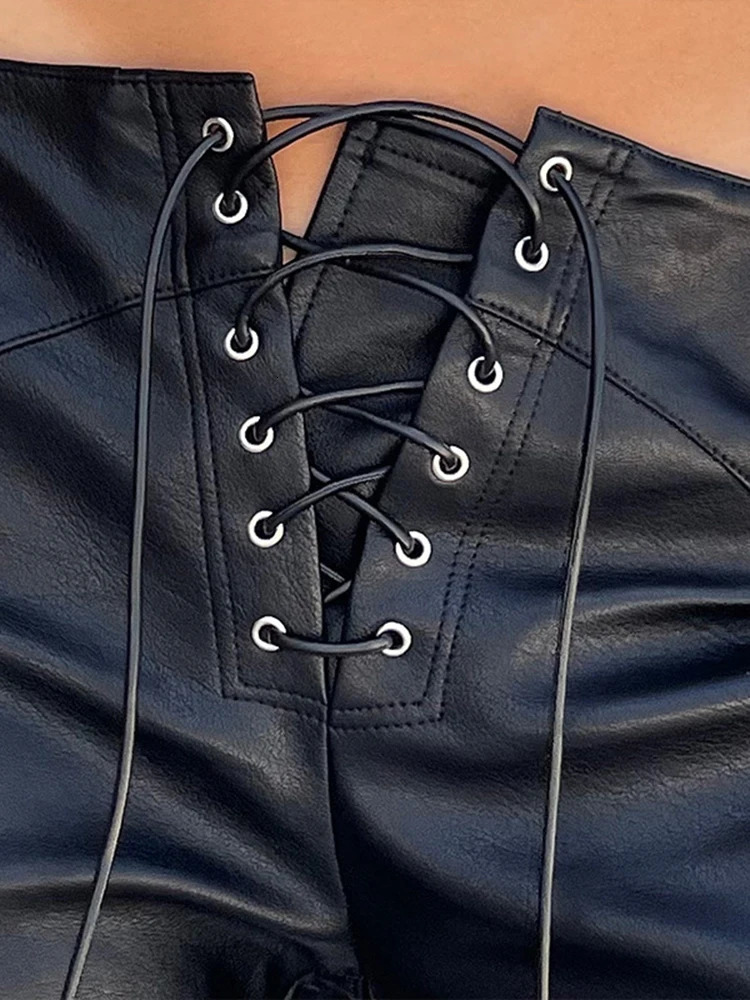 Cryptographic Fashion PU Faux Leather High Rise Skinny Straight Pants for Women Streetwear Bottom Club Party Goth Pant Trousers 250227