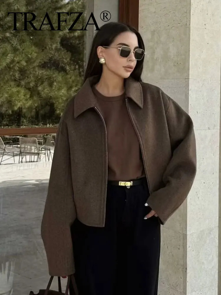 TRAFZA Fashion Brown Zipper Woolen Jacket For Women Elegant Lapel Long Sleeve Short Coats Vintage Autumn Lady Street Outerwear 250227