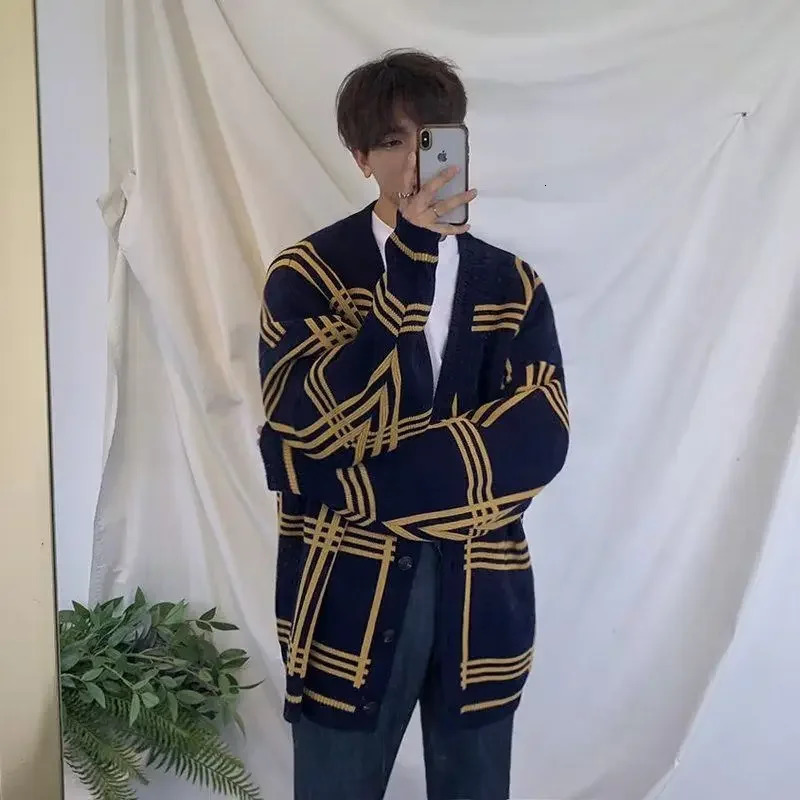 Vneck Knitted Open Collar Mens Fashion Loose Lazy Style Minimalist Checkered Sweater Casual High End Jacket Top 250226