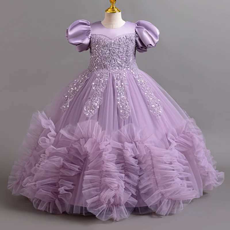 Girl's Dresses New handmade bead mesh with bubble sleeves suitable for girls Christmas weddings floral girls 3-12 year evening dresses Y250227BFH