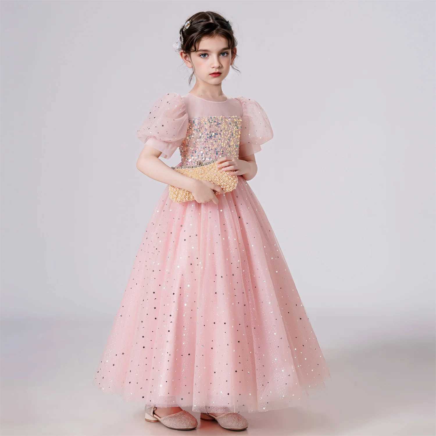Girl's Dresses Elegant Party Dress Girl Puff Sleeve Princess Dress Wedding Childrens Sparkling Lace Birthday Party Formal Evening Dress Y250227OO