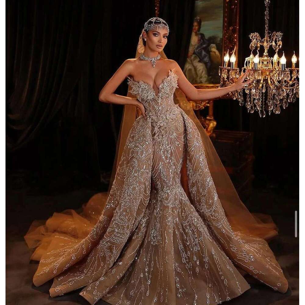 Mermaid Sexy Sweetheart Appliques Lace Pearls Wedding Dress Train Detachable Custom Bridal Dresses