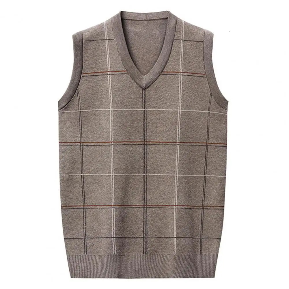 Mens Sleeveless Sweater Vest Cozy Knitted Stylish Midaged Vests Plaid Print Soft Warm for Fall Spring 250225