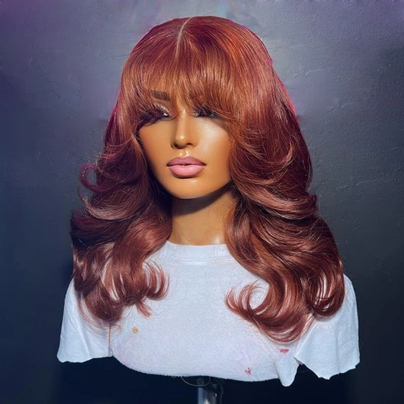 Free shipping Peruvian Reddish Brown Colored Body Wave with Bangs 360 Short Frontal Wig Human Hair for Women Synthetic Lace Closure Wigs