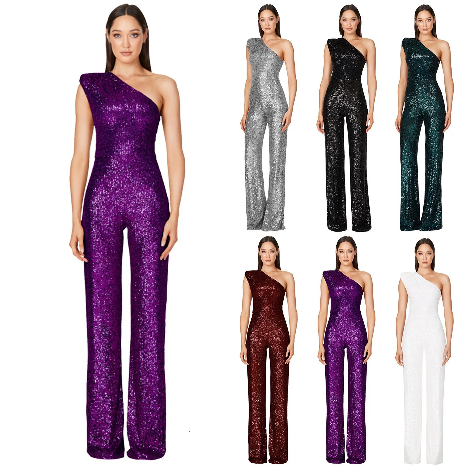 Womens One Shoulder Jumpsuits Elegant Sequins Glitter Party Overalls Sleeveless High Waist Straight Trousers Wedding Jumpsuit 250227