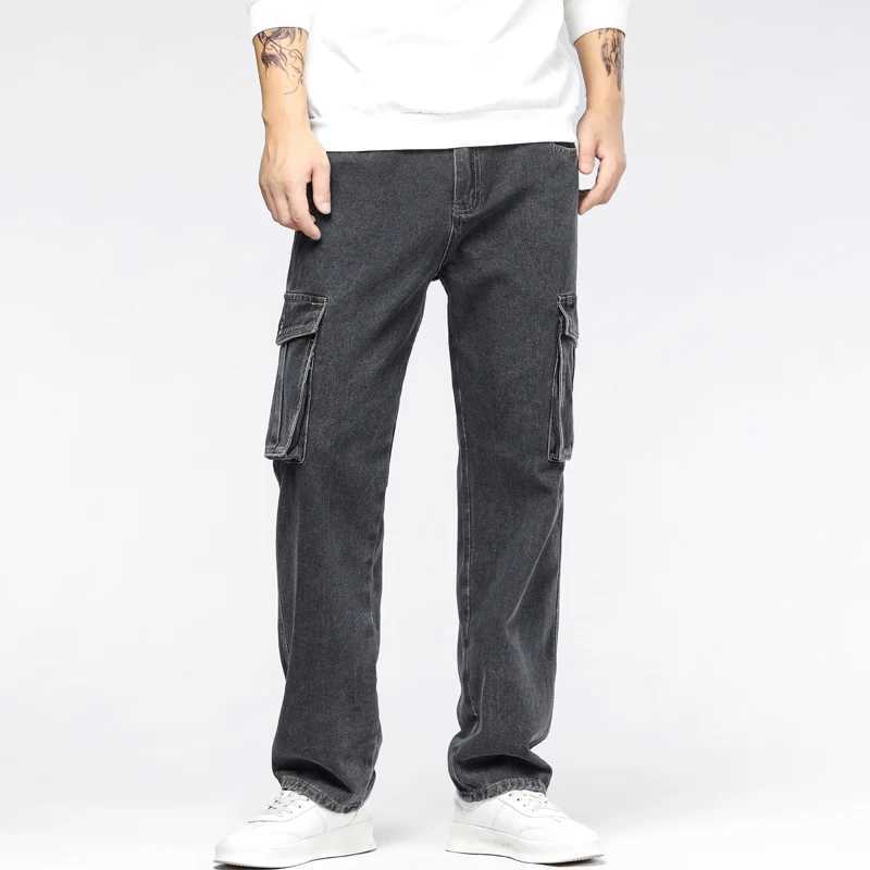 Stir Fried black grey pocket work clothes jeans mens four season loose straight tube non elastic wear-resistant jeans X250227