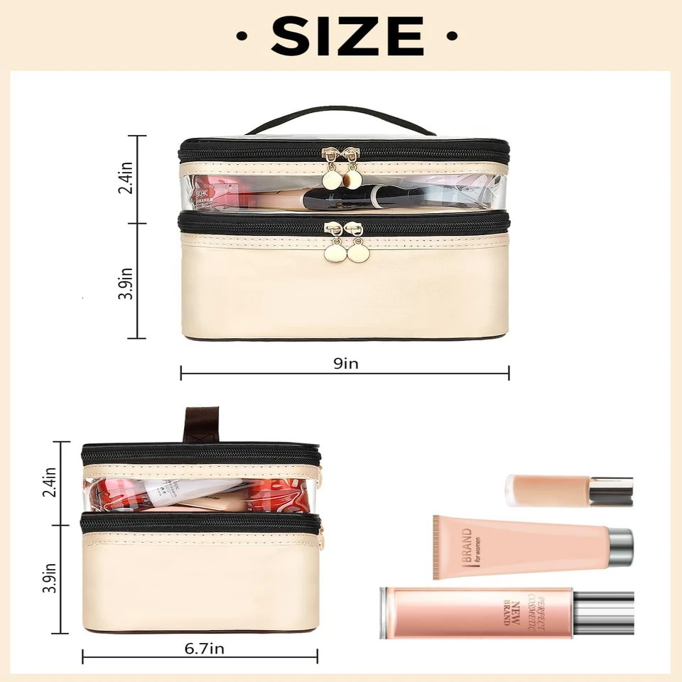 Ship from US Beige Leather Double Layer Large Chic Cosmetic Bags Stylish Womens Favorite Beauty Accessory Spacious and Organized Makeup 250227FBB