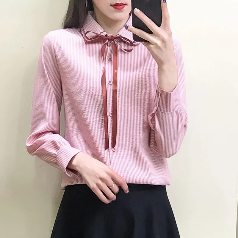 Spring Autumn Sweet Double Layered Collar Shirt Korean Drawstring Bow Womens Clothing Commute Single-breasted Striped Blouse 250226