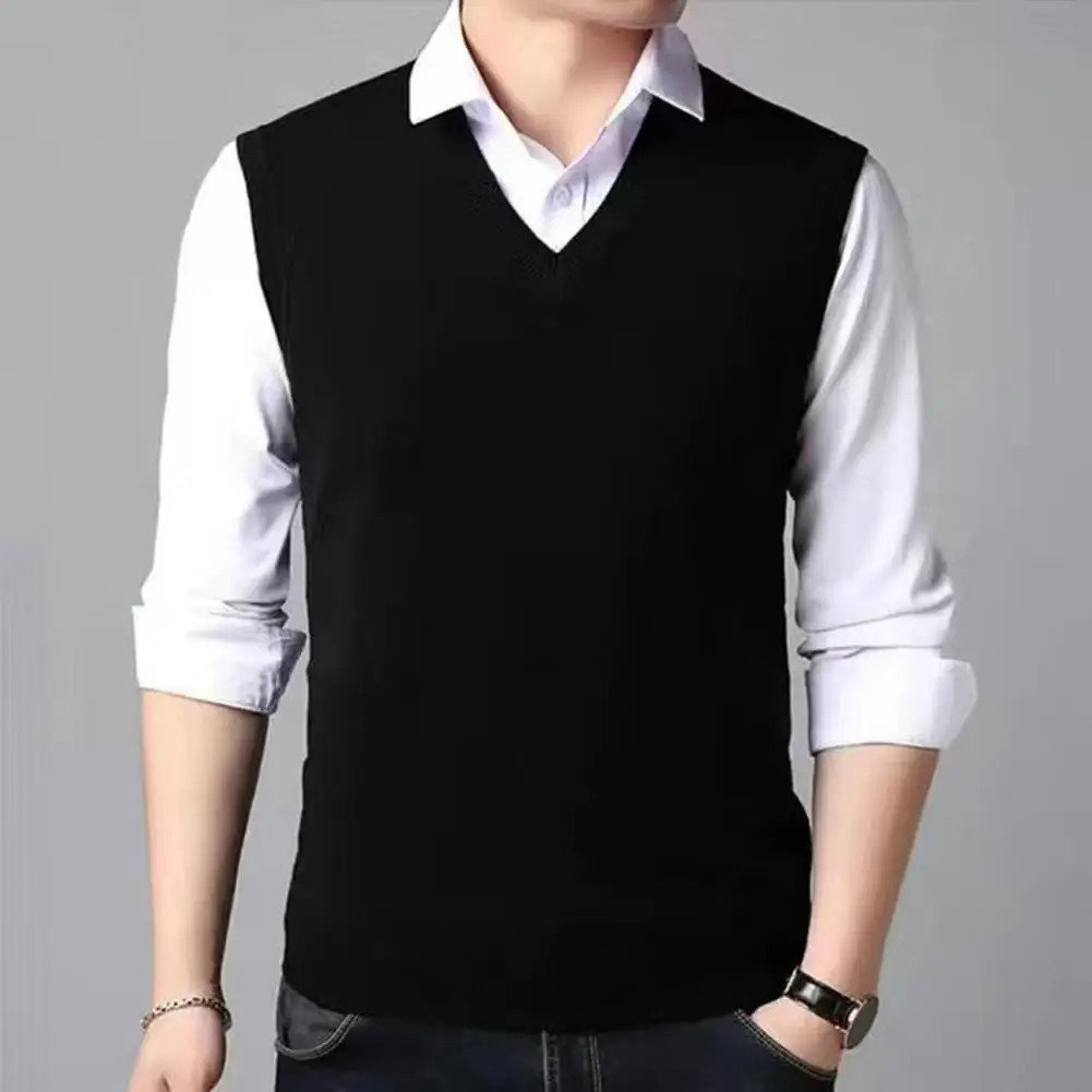 Knitted Vest Casual Versatile Midaged Mens Vneck Sweater Slim Fit Sleeveless Pullover with Ribbed 250225
