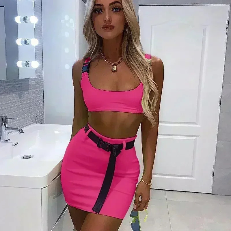 Women Sexy Fluorescent 2 Piece Skirt Set Streetwear Tank Crop Top Bandage Buckle Bodycon Mini Skirt Neon Blue Pink Outfits 250226