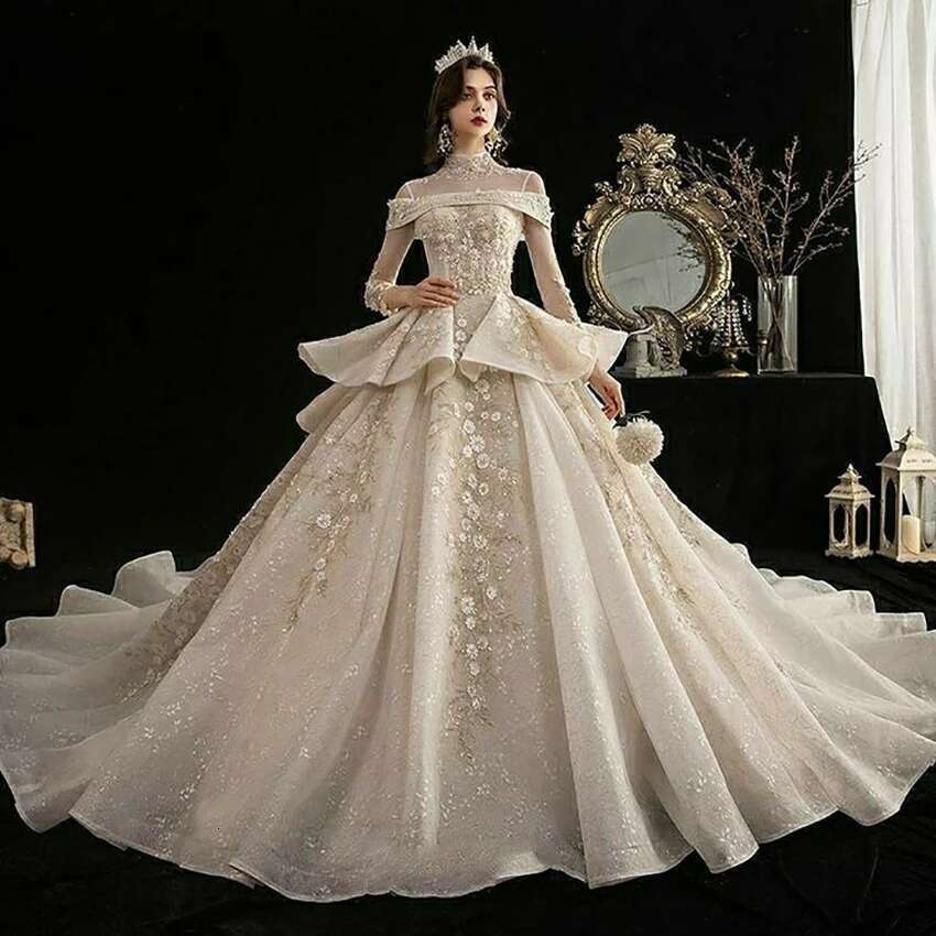 Romantic Ball Gown, Custom Wedding Dresses, ral-Applique, High Neck, Pleated Shoulder, Cut Out, Designer