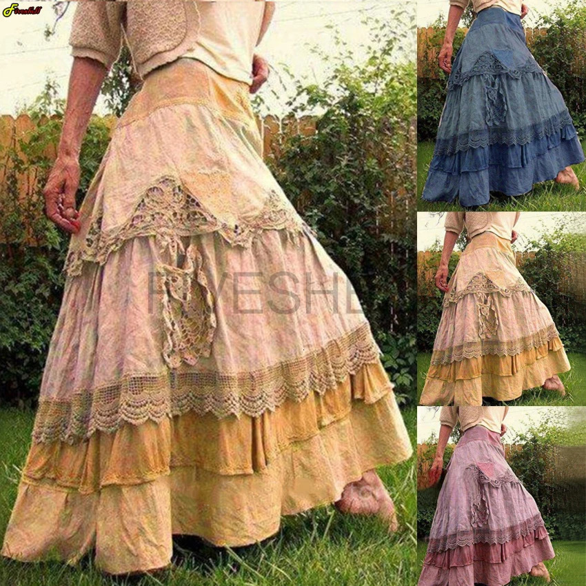 Medieval Renaissance Costume Womens Retro High Waist Lace Stitching Big Swing Skirts Halloween Party Elegant Cake Skirt 250224
