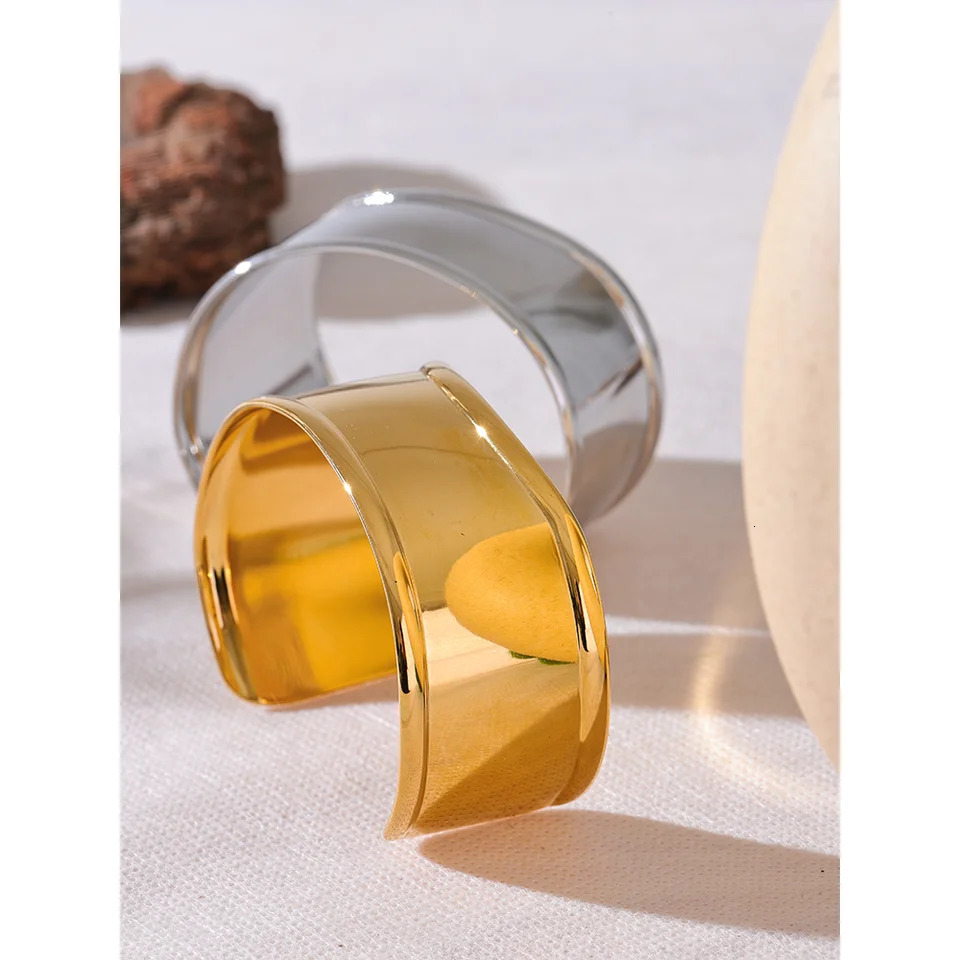 Yhpup High Quality Stainless Steel Metal Wide Cuff Open Bracelet Bangle Waterproof Texture Personalized Unisex Jewelry Bijoux 250227