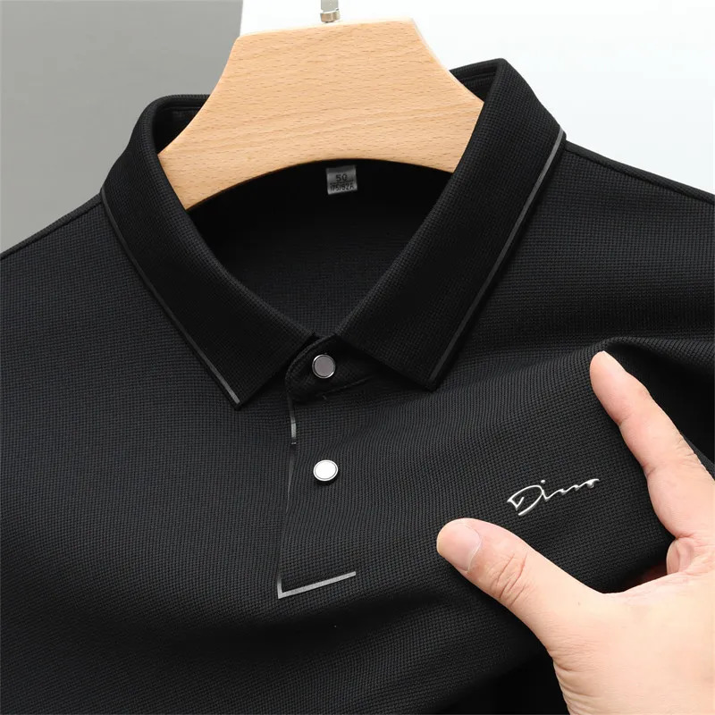 High end ice silk long sleeved fashionable letter printed polo shirt autumn trend mens lapel T-shirt casual top 250225