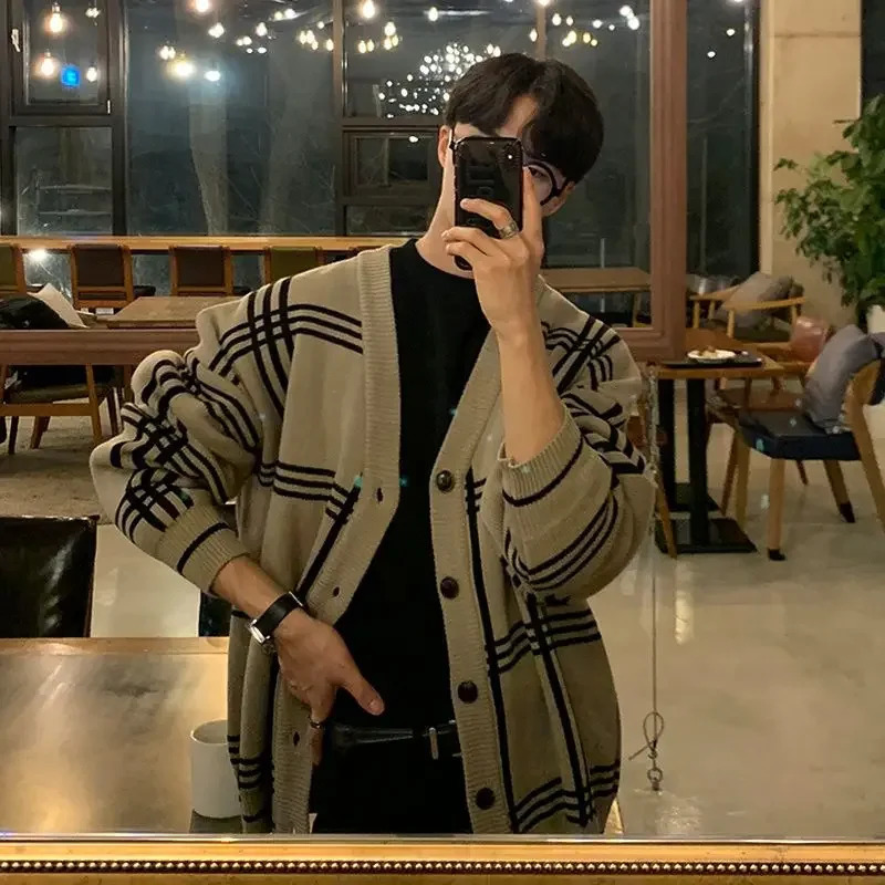 Vneck Knitted Open Collar Mens Fashion Loose Lazy Style Minimalist Checkered Sweater Casual High End Jacket Top 250226