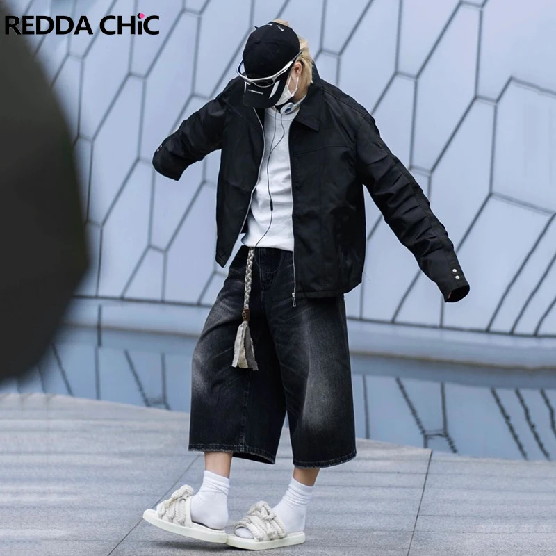 ReddaChic Low Waist Wide Leg Jorts for Men Cleanfit Cropped Black Jeans Whiskers Frayed Denim Short Pants Skater Hiphop Trousers 250226