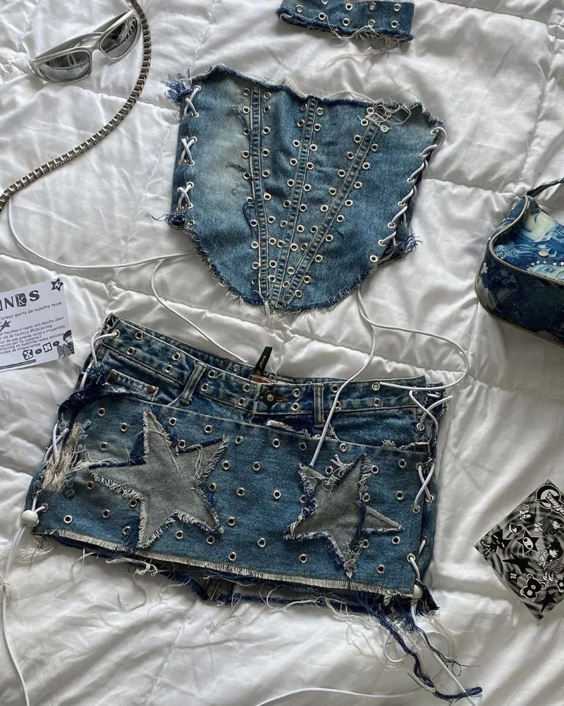Y2K Fashion Star Patch Embroidered Sexy Skirt Women Streetwear Vintage Gothic Harajuku Sexy Spice Slim Mini Skirt Suit 250226