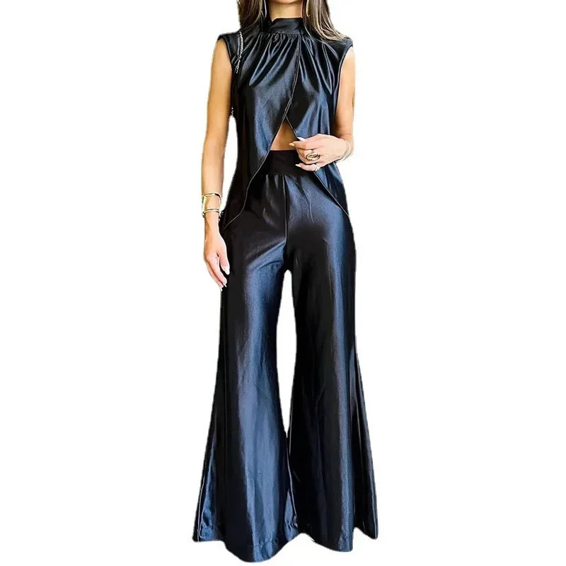 Womens wide leg pants set vest sleeveless top and cuff cross twopiece Y2k Midi waist Trouser 250226