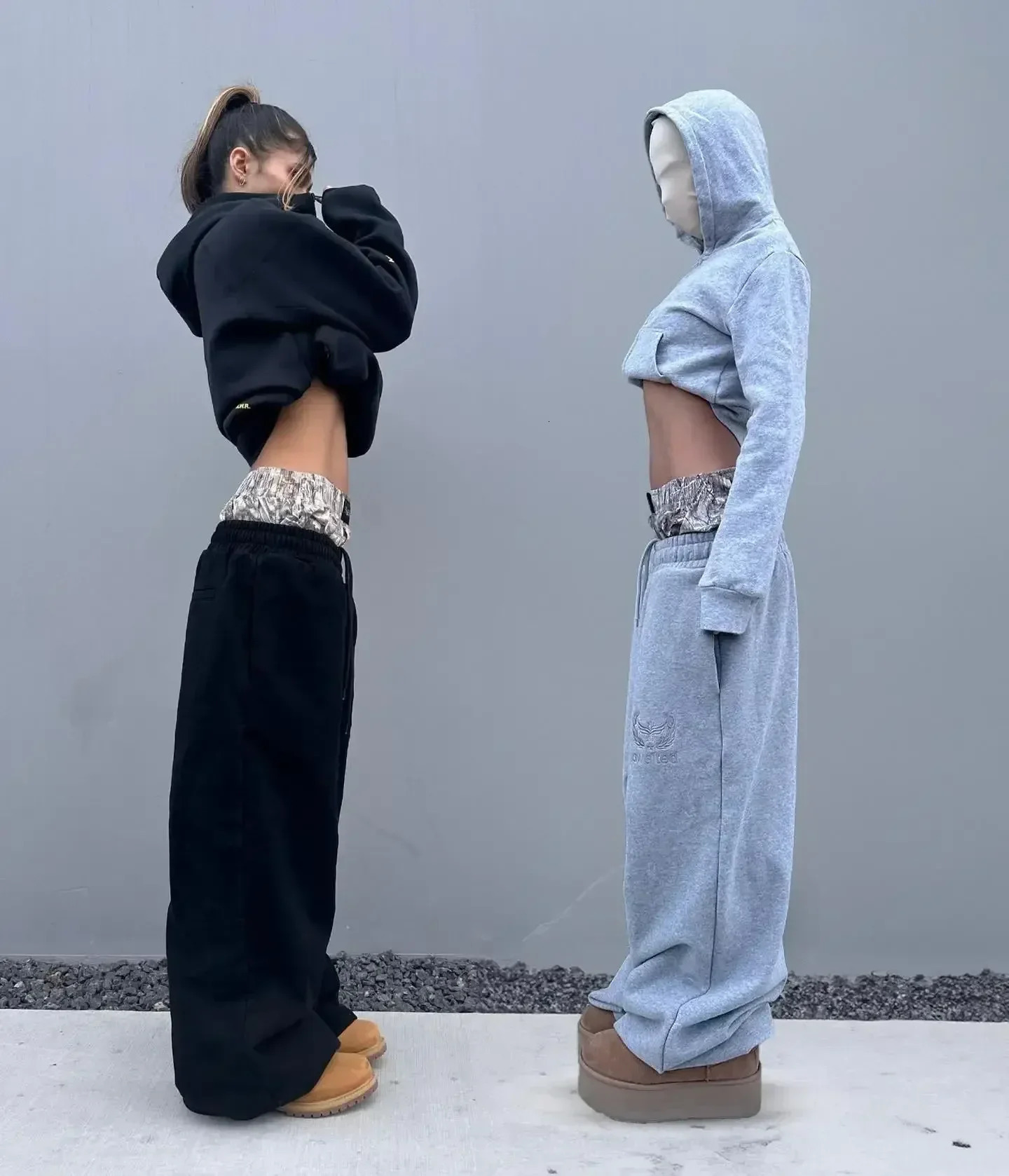 Double-cuff womens casual pants patchwork high-waisted n retro straight-leg sweatpants Korean fashion slim and loose 250226