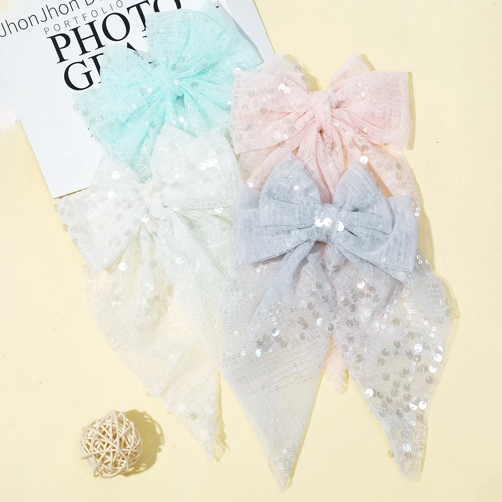 Bulk 27pc/lot Large 5.5 Double Layer Sequin Bow Hair Clips Baby Girls Hair Accessories Kid Long Tails Bowknot Hairpins Barrette 250227