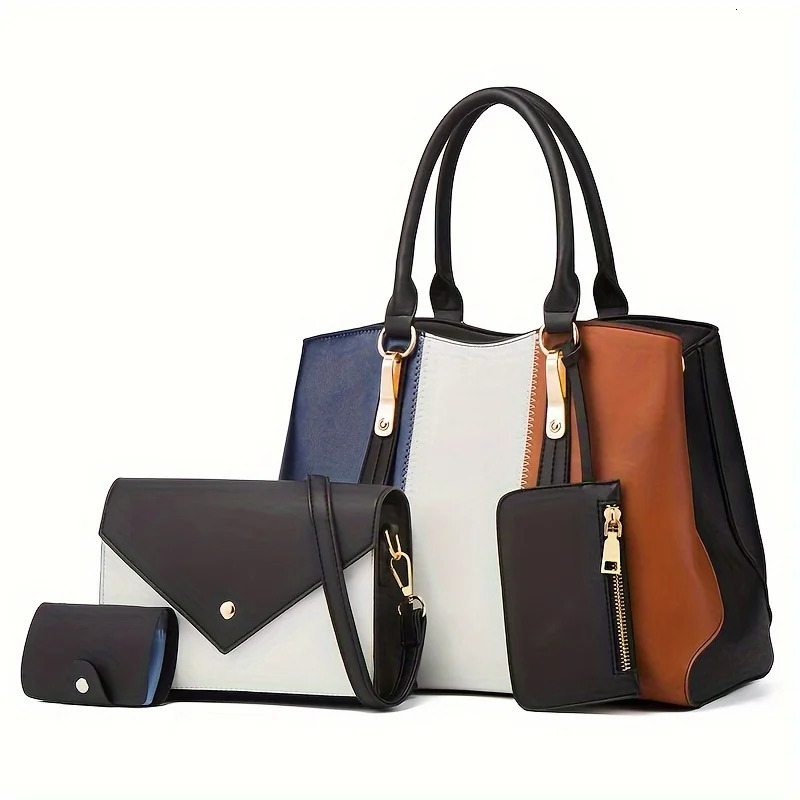 Ship from US 4Piece Colorblock Handbag Set Vibrant Stitching Spacious Tote Versatile Crossbody Mini Coin Purse and Credit Card Holder 250227FBB
