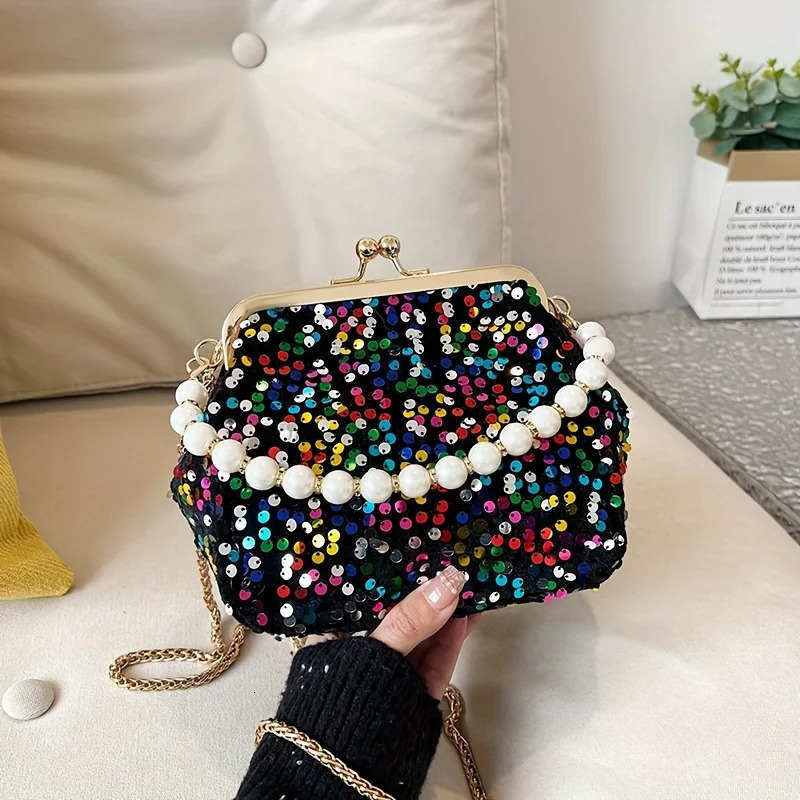 Ship from US Sequins Crossbody Bag Shiny Pearl Handbag Womens Chain Clip Purse For Evening Party Prom Banquet 250227FBB