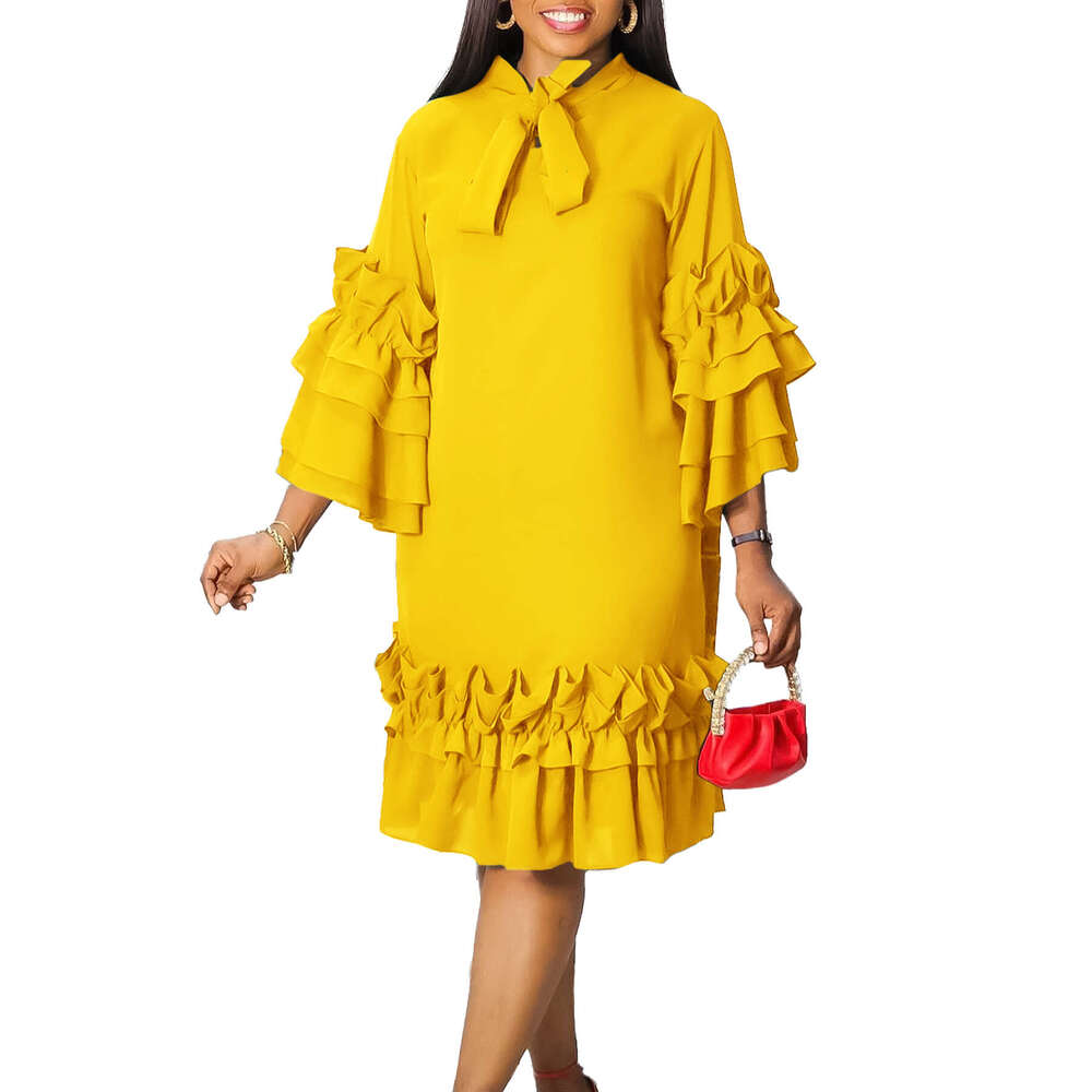 D4882025 Spring/Summer Fashionable Casual Ruffle Horn Sleeve Large Size Dress 2025 Versatile Style New Trendy Clothing Ins