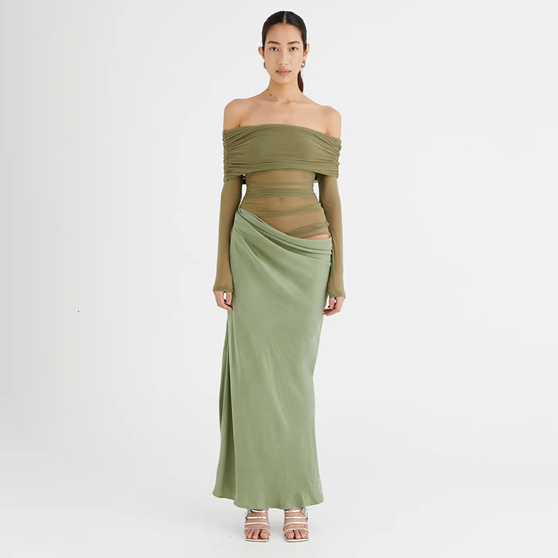 CUTENOVA Summer Solid Color Long Sleeve Off Shoulder Dresses Sexy Wrap Hip Mesh See Through Ruched Patchwork Long Dress 250226